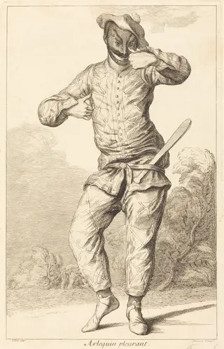 Arlequin pleurant, by François Joullain, ink, 1730