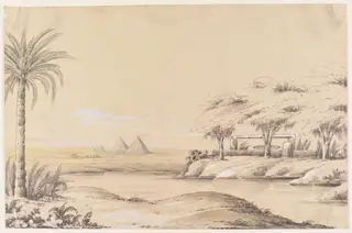Pyramids of Geezeh.  Egypt, by Louisa Tenison, watercolor, 1844