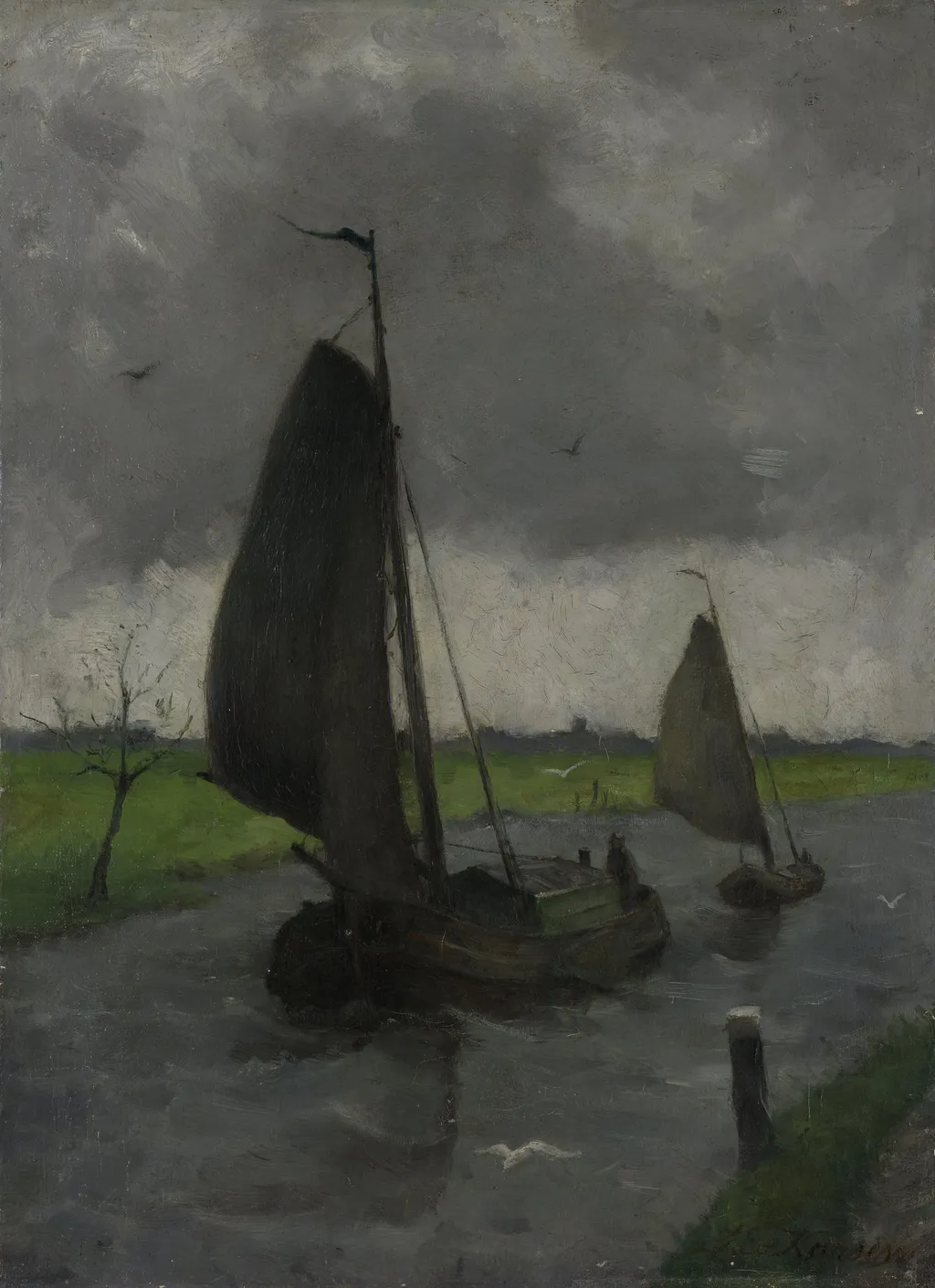 Watercourse with Sail Barges, by Eduard Karsen, oil, 1900