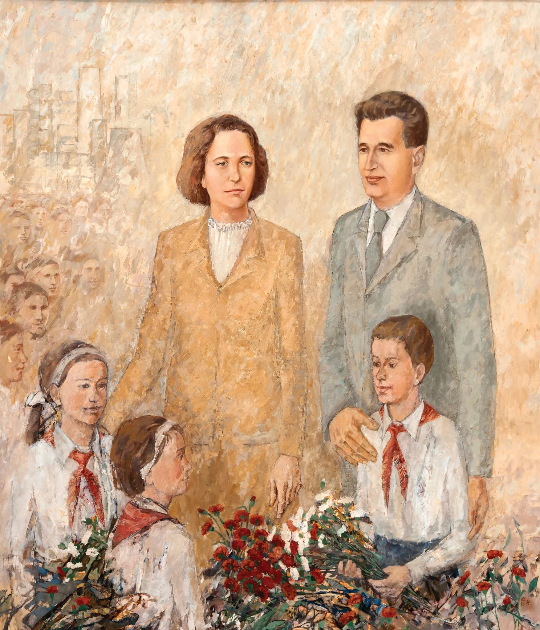 Tablou ulei pe pânză, „Omagiu”, semnat M.B, I.Ș. (atribuit Mircea Bejgu, Ion Șincă), datat 1984 în partea dreaptă jos. Elena și Nicolae Ceaușescu alături de pionieri. Comandat și oferit de Comitetul Județean de Partid Argeș (1984)., detail