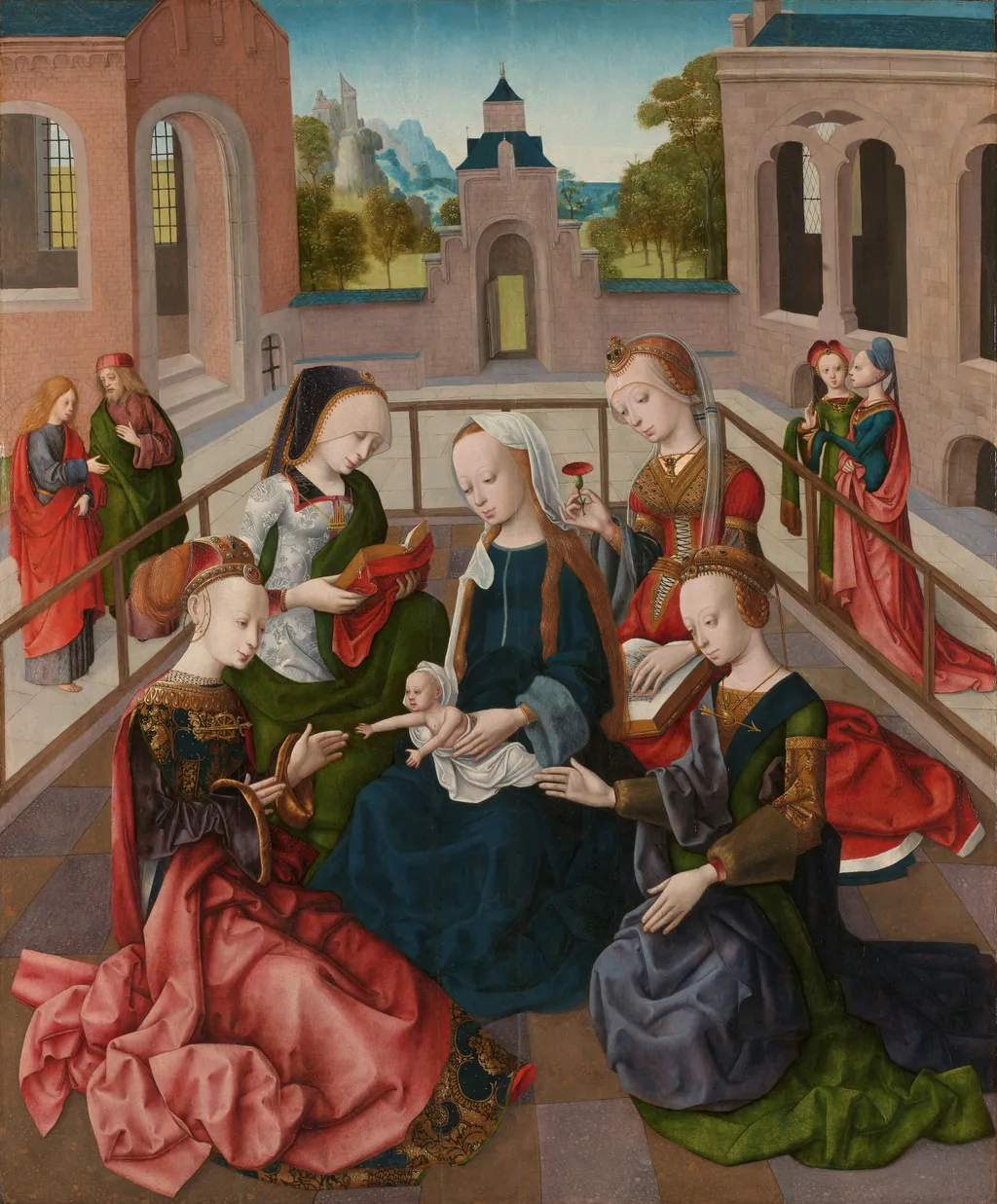 The Virgin and Child with Four Holy Virgins, by Master of the Virgo inter Virgines, oil, 1496