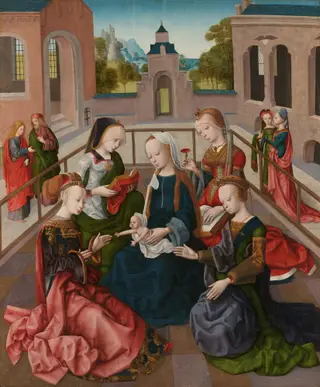 The Virgin and Child with Four Holy Virgins, by Master of the Virgo inter Virgines, oil, 1496