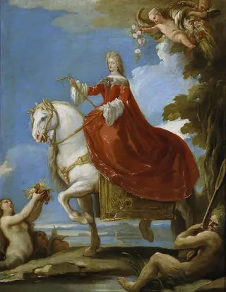 Maria Anna of Neuburg, Queen of Spain, on Horseback, by Luca Giordano, oil, 1697