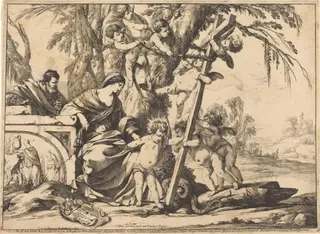 Holy Family with Angels and the Cross, Crushing a Serpent, by Laurent de La Hyre, ink, 1639