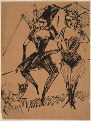 Two Dancers with a Cat, by Ernst Ludwig Kirchner, ink, 1913