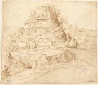 A Village Nestled at the Foot of a Hill (recto), by Giorgione, ink