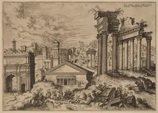 View of the Forum from the Base of the Capitol, by Hieronymus Cock, ink, 1550