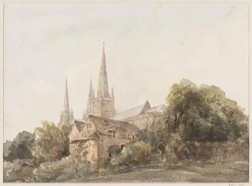 Dr Gooden's House and south view of Lichfield Cathedral, by Henry Harris Lines, 1818