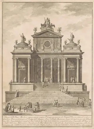 The Prima Macchina for the Chinea of 1785: The Temple of Jupiter Begun by Tarquinius Priscus with the Marvel of Accius Naevius, by Francesco Barbazza, ink, 1785
