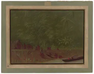 A Mura Encampment - Boat Sketch, by George Catlin, oil, 1862