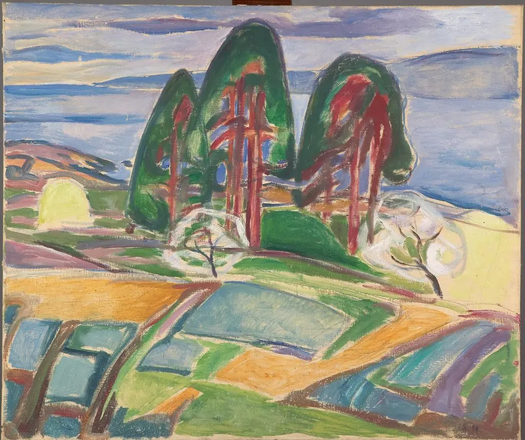 Pine Trees and Fruit Trees in Blossom, by Edvard Munch, oil, 1911