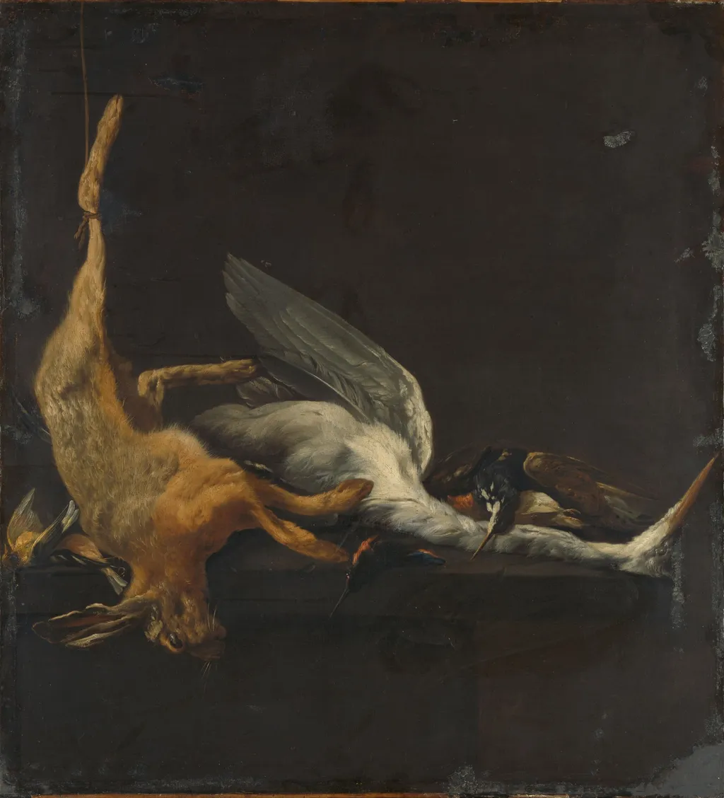 Still Life with a Hare, a Heron and Other Birds, by Elias Vonck, unspecified, 1645