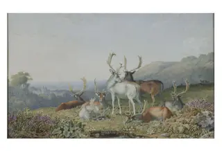 Deer in a Landscape, by George Barret, Sr., watercolor