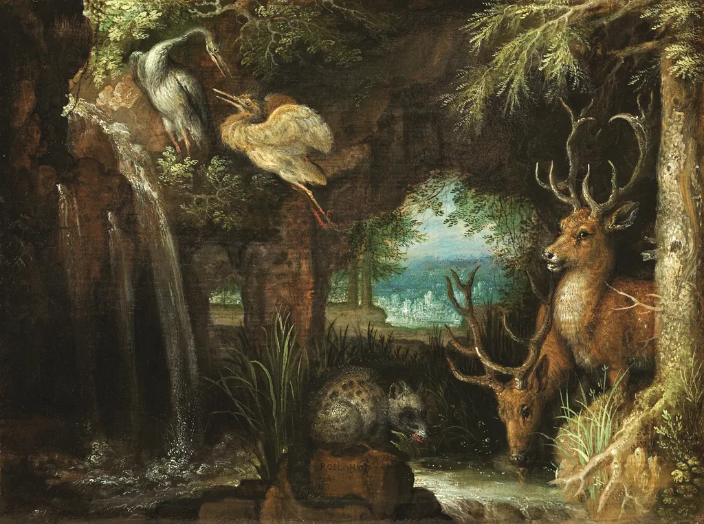 Forest Landscape with Deer and a Civet, by Roelant Savery, oil, 1616