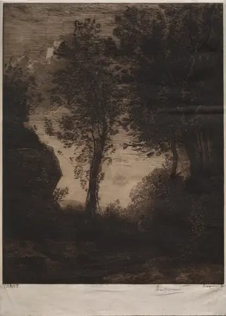 Landscape: Sunset, after Corot, by Félix Bracquemond, 1858