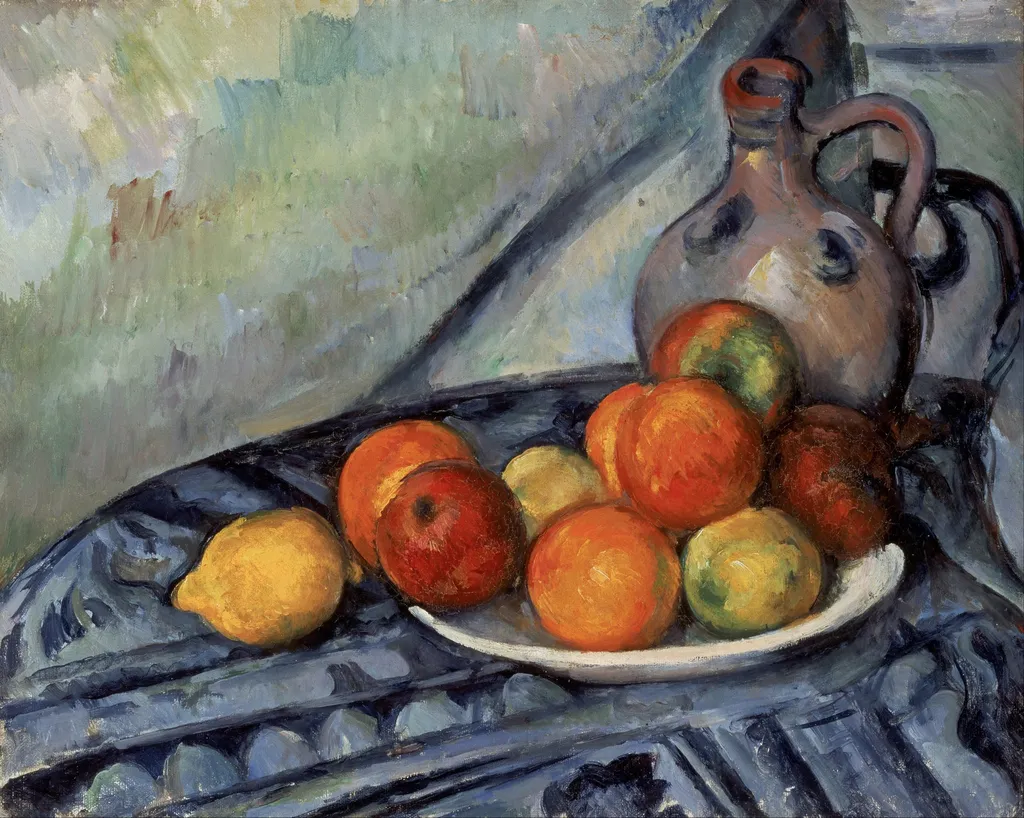 Fruit and a Jug on a Table, by Paul Cezanne, oil, 1896