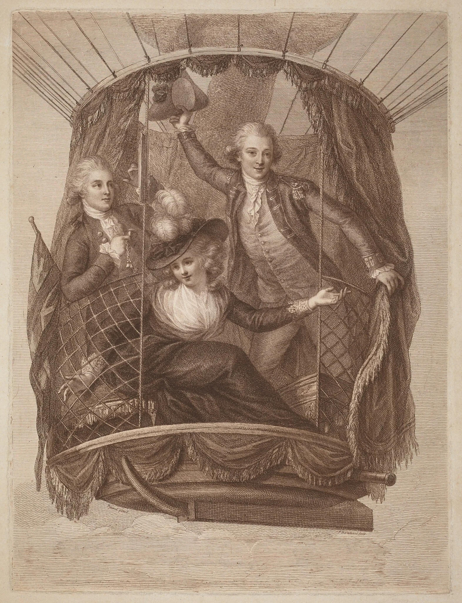 The Celebrated Vincent Lunardi Esq. Accompanied by Two Friends in His Third Aerial Excursion, Taken from St. George's Fields, in London, detail