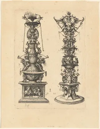 Two Candelabrum Designs, by Daniel Hopfer, ink, 1530