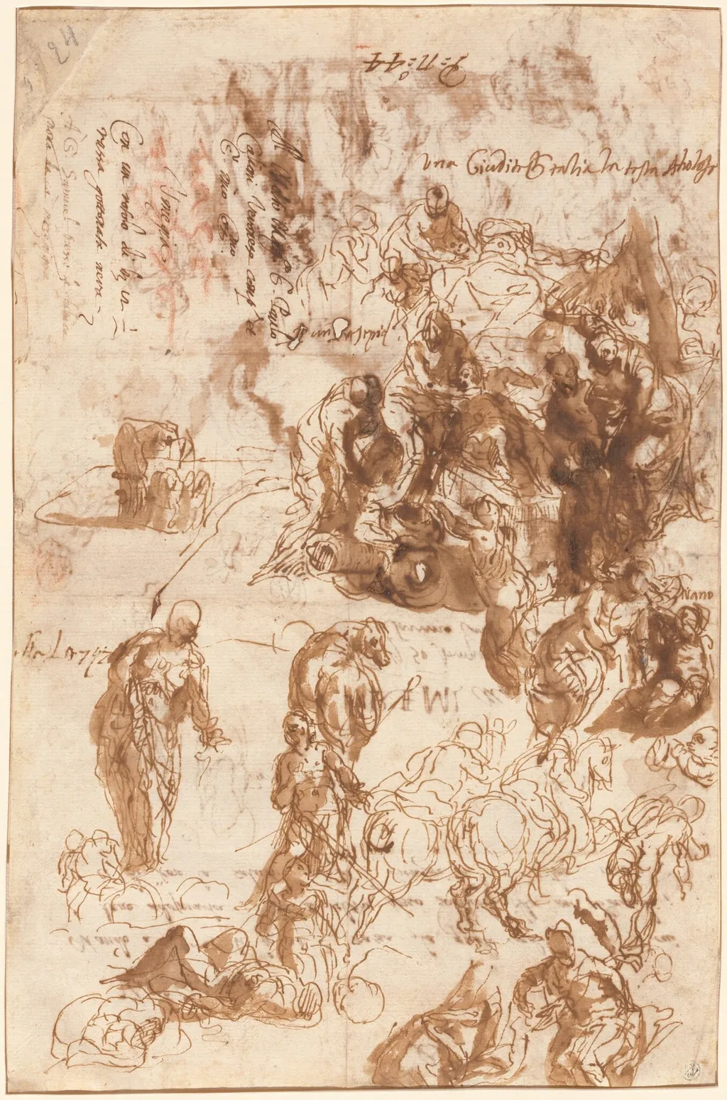 Studies for Judith and Holofernes, David and Goliath, The Finding of Moses, and Others [recto], by Veronese, ink, 1582