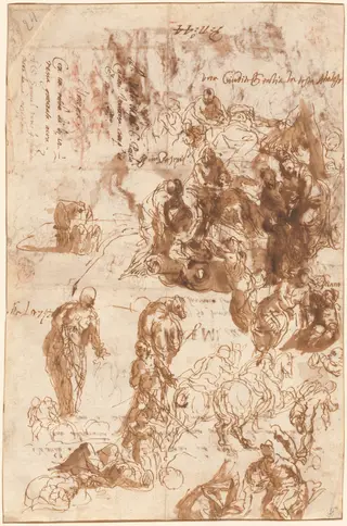 Studies for Judith and Holofernes, David and Goliath, The Finding of Moses, and Others [recto], by Veronese, ink, 1582
