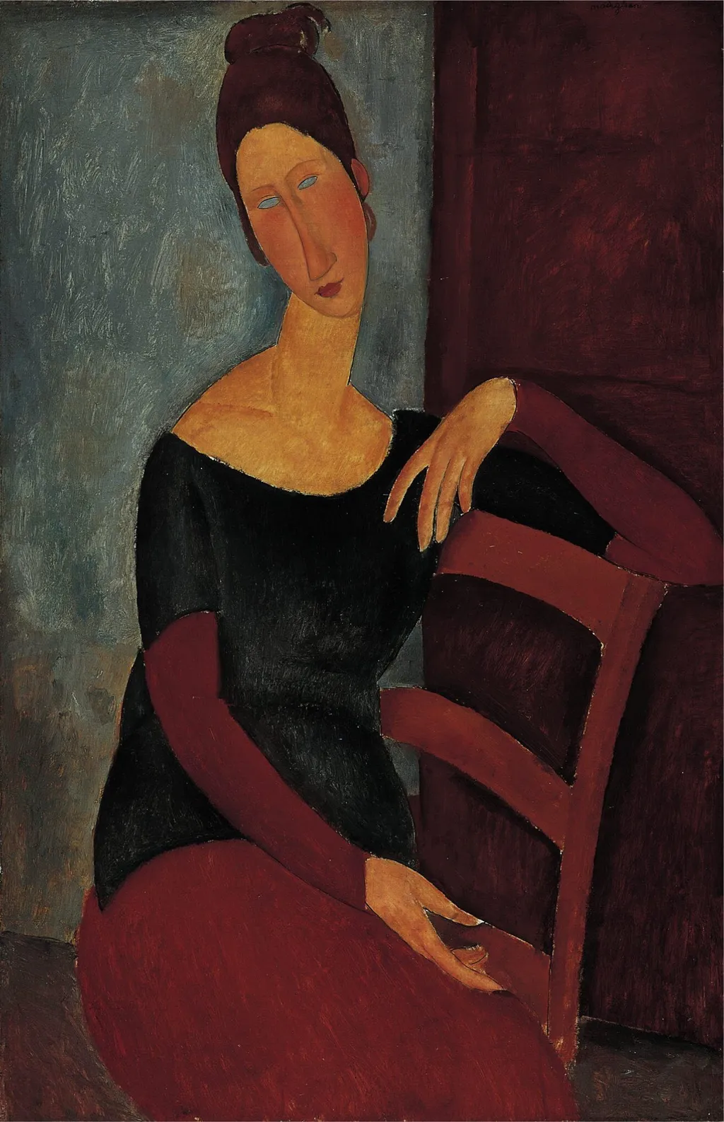 Jeanne seated with the arm resting on the back of the chair, by Amedeo Modigliani, oil, 1918