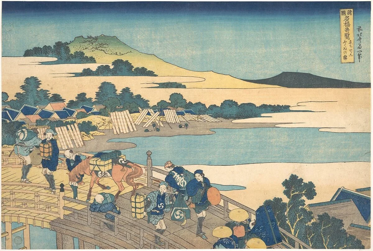 諸國名橋奇覧 ゑちぜんふくゐの橋|Fukui Bridge in Echizen Province (Echizen Fukui no hashi), from the series Remarkable Views of Bridges in Various Provinces (Shokoku meikyō kiran), detail
