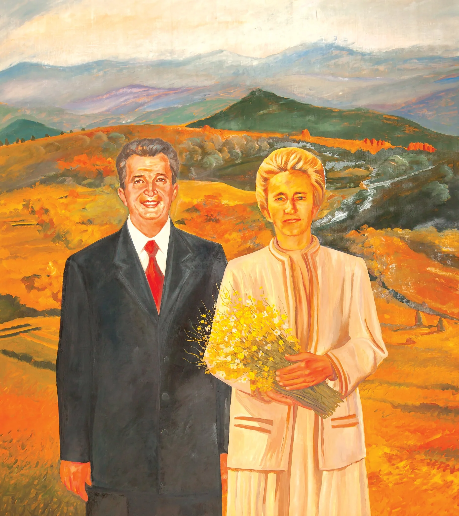Tablou ulei pe pânză, „Compoziție”, atribuit Corneliei Ionescu Drăgușin, nedatat. Tabloul îi prezintă pe soții Ceaușescu înt-un decor montan. Elena Ceaușescu ține în brațe un buchet de flori de câmp, Nicolae Ceaușescu arborează un zâmbet larg. Tablou comnadat de Consiliul Național al Societății de Cruce Roșie și oferit soților Ceaușescu cu ocazia unei aniversări (1988)., detail