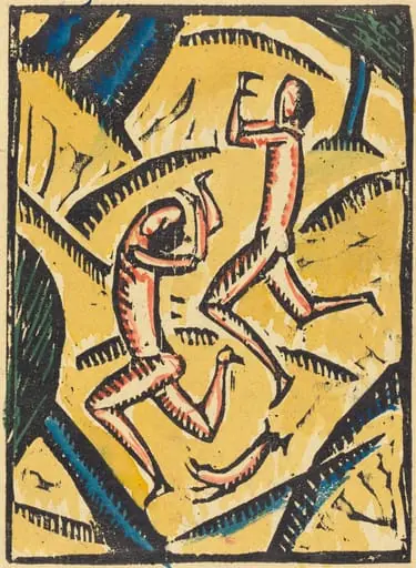 Two Nude Dancers in a Landscape, by Max Zachmann, ink, 1913