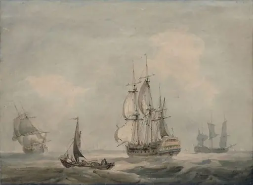 Vessels and fishing boat, by Samuel Owen, watercolor, 1790