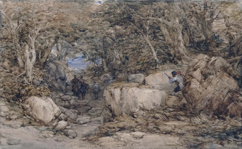 Forest glen, with travellers approaching an ambuscade, by George Cattermole, watercolor, 1825