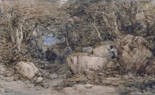 Forest glen, with travellers approaching an ambuscade, by George Cattermole, watercolor, 1825
