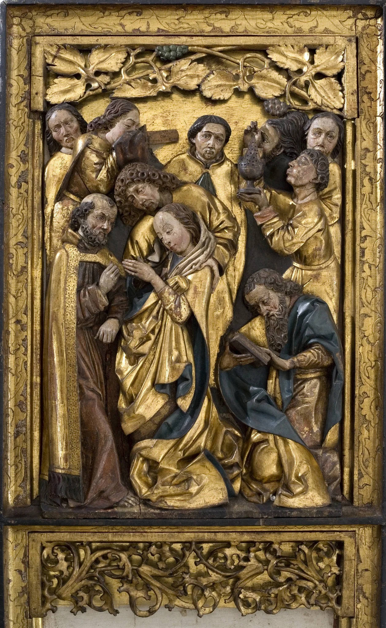 Death of Mary, space remaining after the lost relief: Mary Returns to Sleeping St Theophilus of Adana a Pact Signed at the Instigation of the Devil (carved obverse); Christ before Caiaphas, Carrying t, detail
