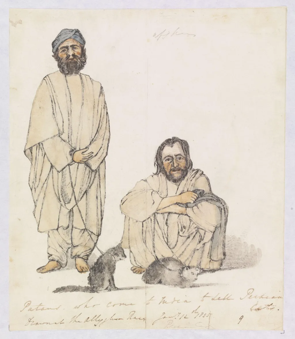 Patans, who come to India to sell Persian Cats, 1835-1838, by Godfrey Thomas Vigne, watercolor, 1836