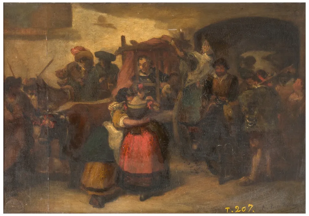 Don Quijote en el carro saliendo de la venta, by Antonio Pérez Rubio, oil, 1866