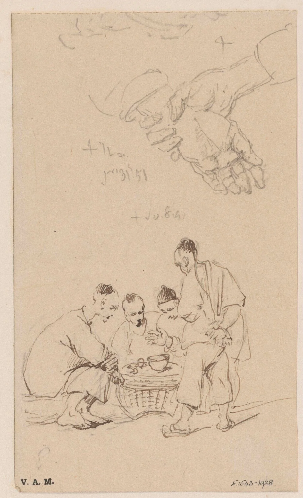 A group of game-players, and a study of clasped hands, detail