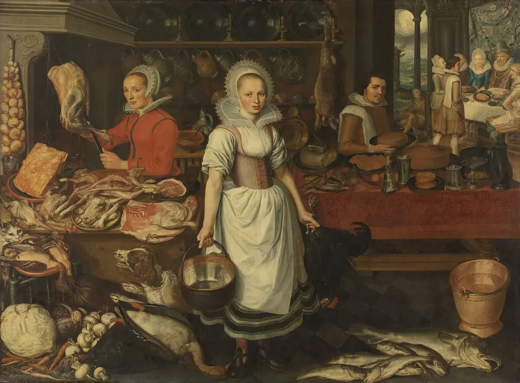 Kitchen Scene with the Parable of the Rich Man and Poor Lazarus, by Pieter Cornelisz van Rijck, oil, 1610