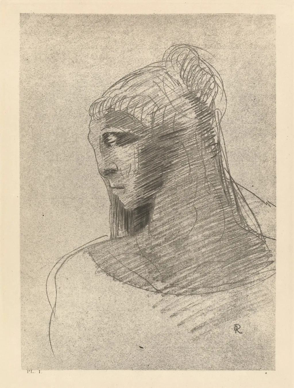 Je t'adore a l'egal de la voute nocturne.  O vase de tristesse, o grande taciturne (I adore you as I adore the vault of the night sky, O vessel of sadness, O tall silent woman), by Odilon Redon, ink, 1890