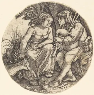 Bagpipe Player with His Lover, by Master IB, ink, 1516