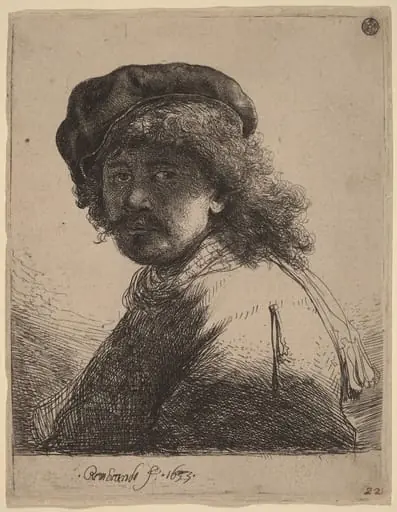 Self-Portrait in a Cap and Scarf with the Face Dark, by Rembrandt, ink, 1633
