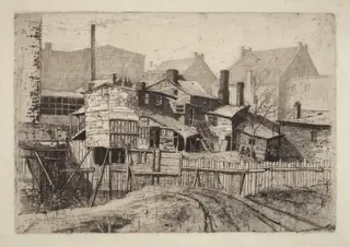 Untitled (Wooden House in City), by Charles Frederick William Mielatz, ink, 1884