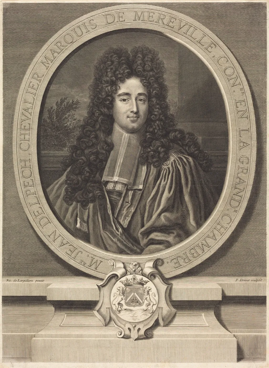 Jean Delpech, Marquis de Méréville, by Pierre Drevet, ink, 1700