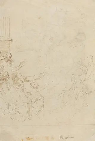 Seven Figures Witnessing an Ascension [verso], by Donato Creti, ink, 1710