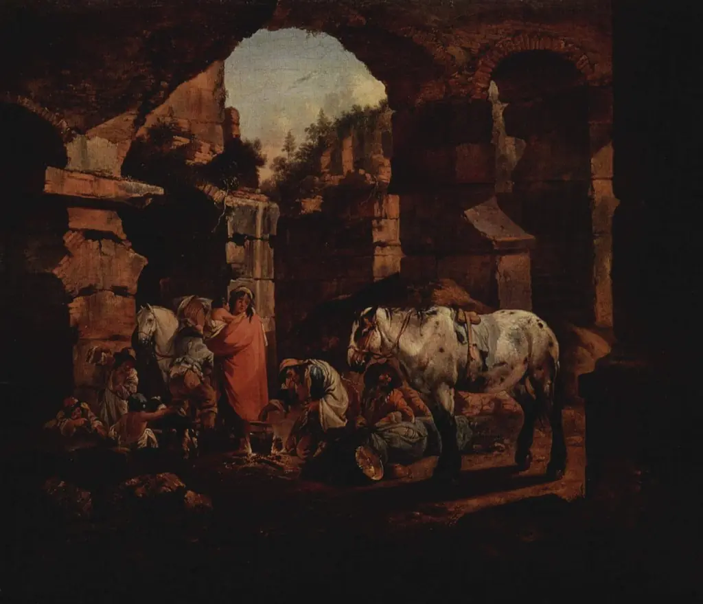 Gipsy Camp in Ancient Ruins, by Johann Heinrich Roos, oil, 1675
