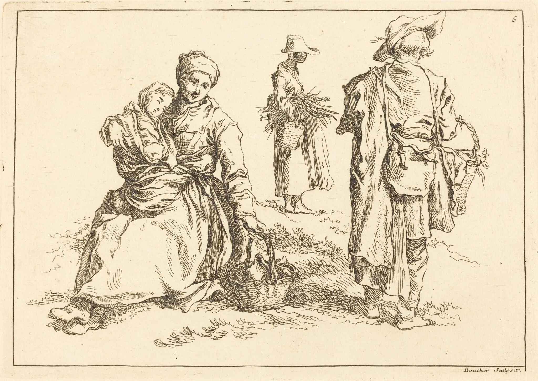 Seated Mother and Child, Two Standing Peasants, detail