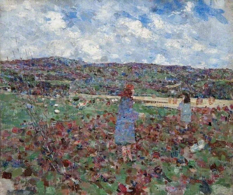 Landscape with Two Girls in Blue, detail