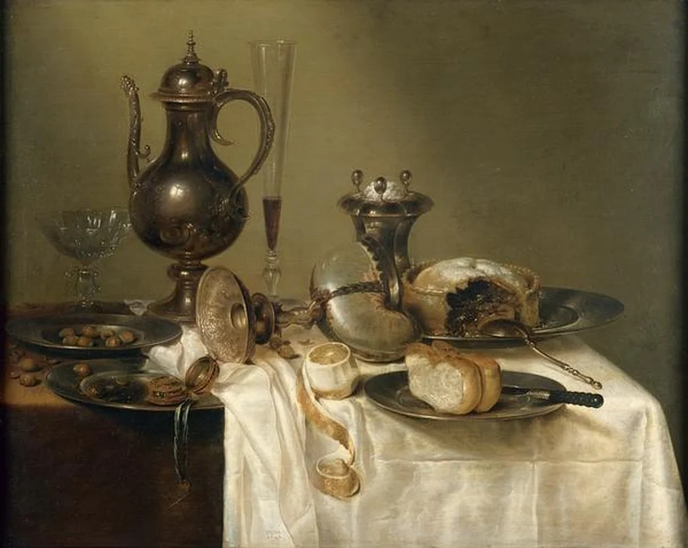 Still life with decanter, nautilus cup, wine glasses and pie, detail