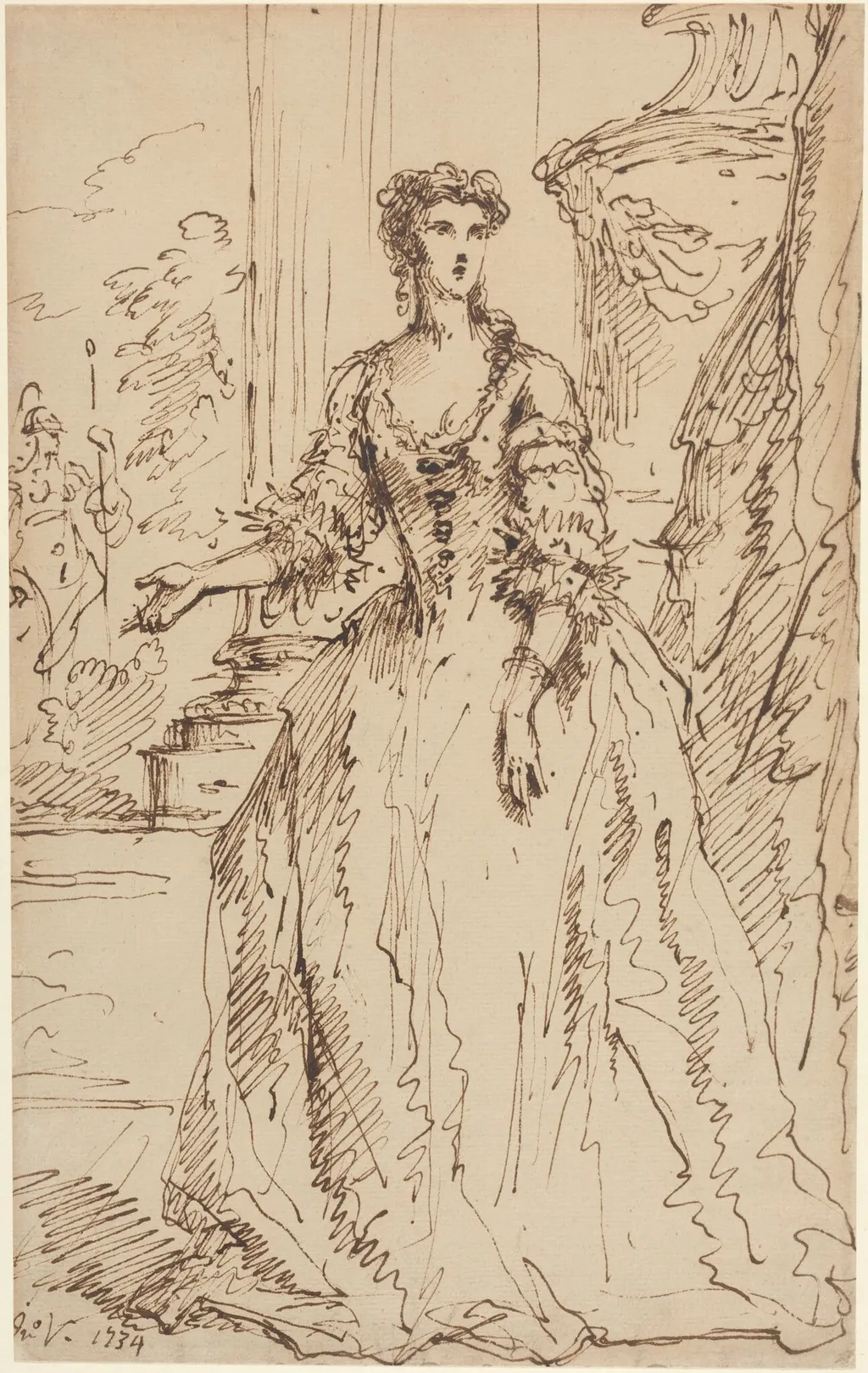 Portrait of a Standing Lady, by John Vanderbank, ink, 1734