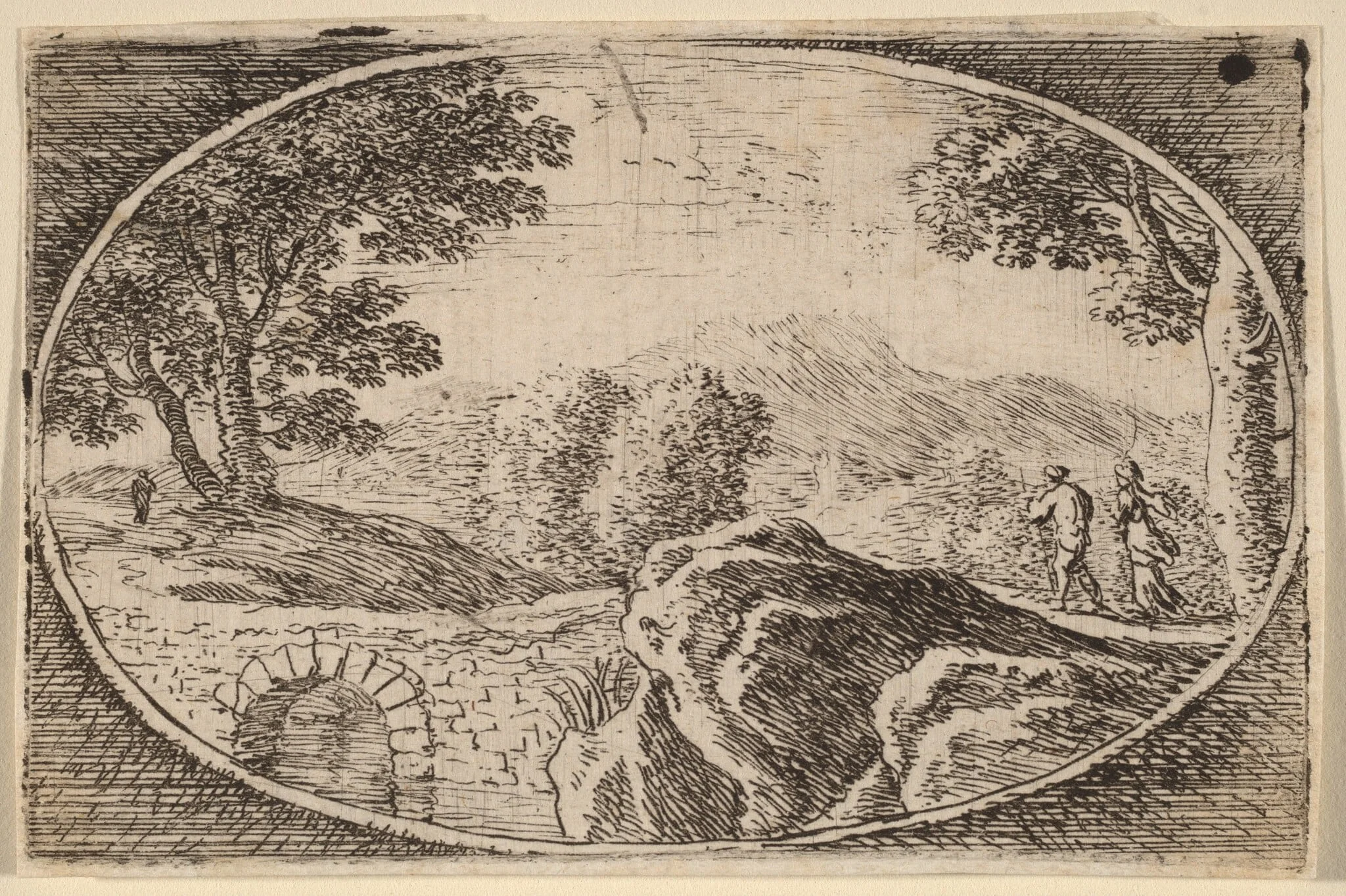 Two Figures near a Small Stone Bridge, detail