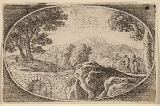 Two Figures near a Small Stone Bridge, by Herman van Swanevelt, ink, 1628