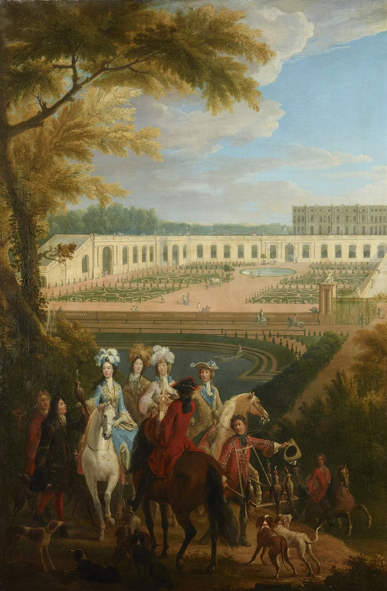 View of the departure of the Duchess of Burgundy for the hunt in front of the Orangery of Versailles, detail